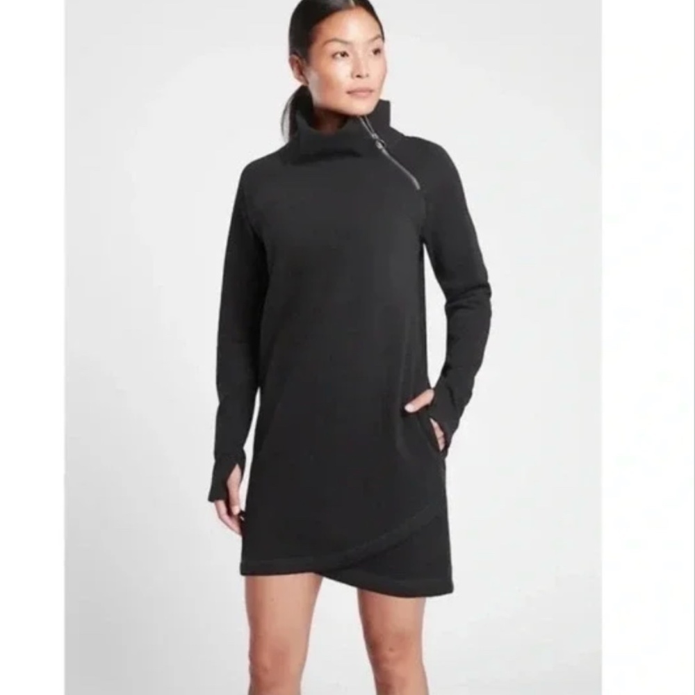 Athleta Cozy Karma Asym Sweatshirt Dress Black Athleisure Lounge Size M EUC